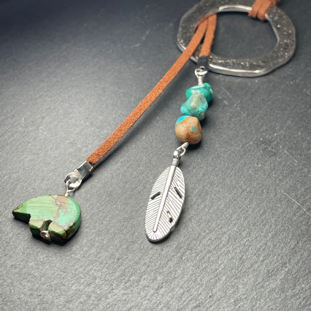 Turquoise Feather Pendant Lariat Necklace
